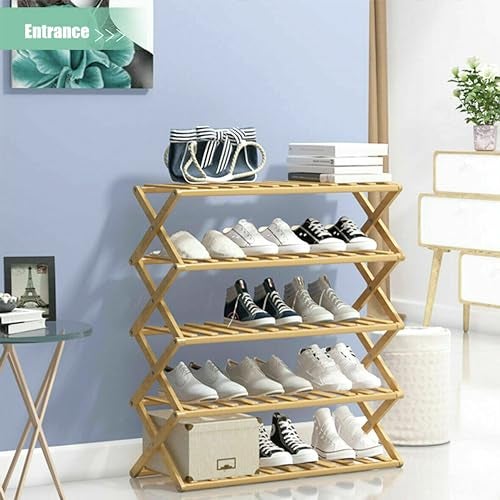 Livzing 5-Tier Foldable Bamboo Wooden Shoe Racks | Collapsible Multipurpose Rack for Storage Entryway Furniture Rack | Shelf Organizer for Home and Kitchen | Slipper Stand Chappal Storage Organizer - Image 1