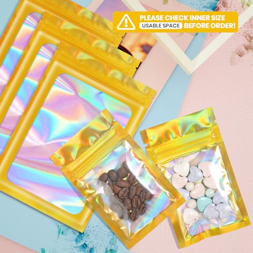Funfery 100 pcs Gold Mylar Holographic Resealable Bags,Clear Packaging Bag Odor Proof Foil Pouch Bag for Food Storage, Lipgloss, Jewelry, Eyelash Packaging for Small Business - 2.4 x 3.9Inch - Image 2