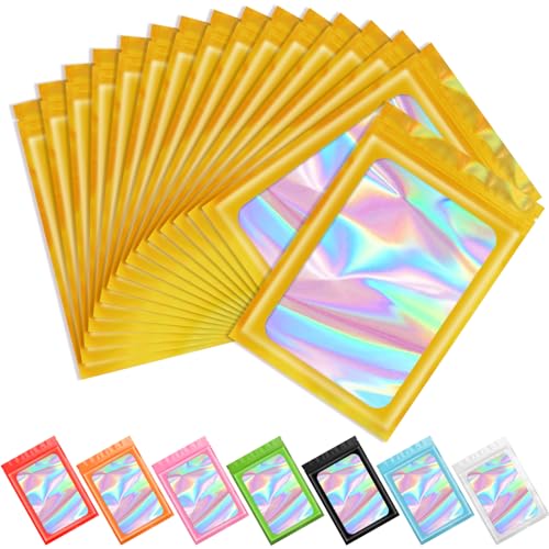 Funfery 100 pcs Gold Mylar Holographic Resealable Bags,Clear Packaging Bag Odor Proof Foil Pouch Bag for Food Storage, Lipgloss, Jewelry, Eyelash Packaging for Small Business - 2.4 x 3.9Inch - Image 1