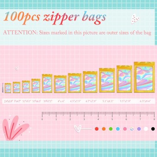 Funfery 100 pcs Gold Mylar Holographic Resealable Bags,Clear Packaging Bag Odor Proof Foil Pouch Bag for Food Storage, Lipgloss, Jewelry, Eyelash Packaging for Small Business - 2.4 x 3.9Inch - Image 5