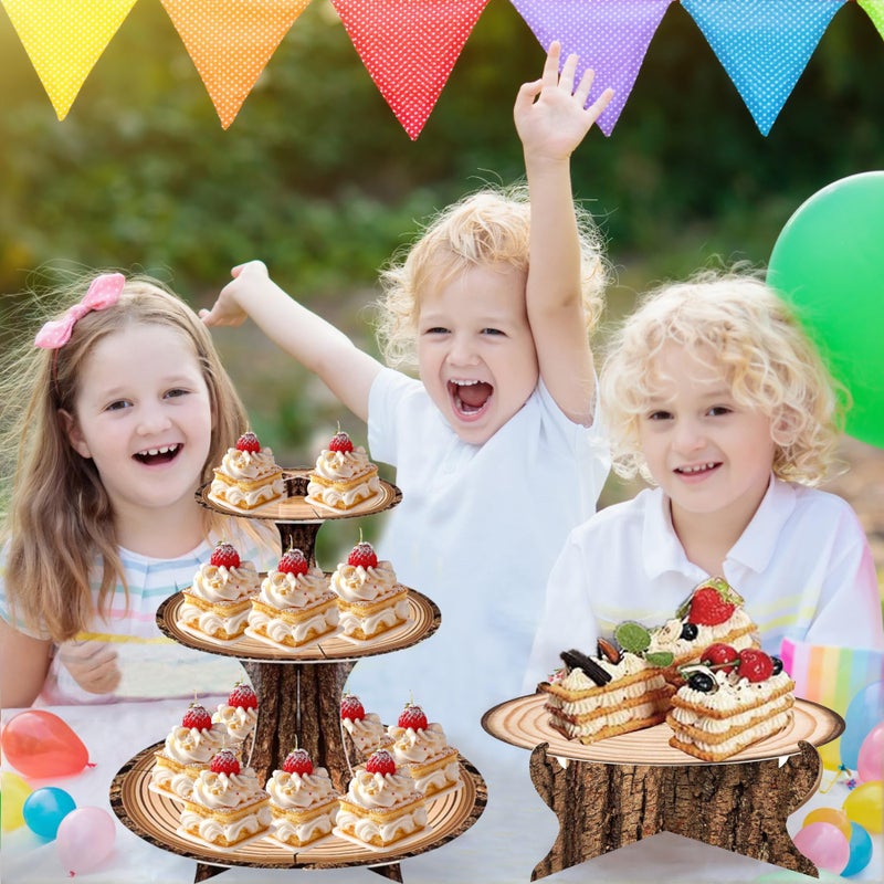 MTRSOCHO 4-Pack Woodland Cupcake Stand Woodland Baby Shower Decorations 3 Tier Wood Cupcake Stand for Camping, Birthday, Safari Party Supplies - Image 5