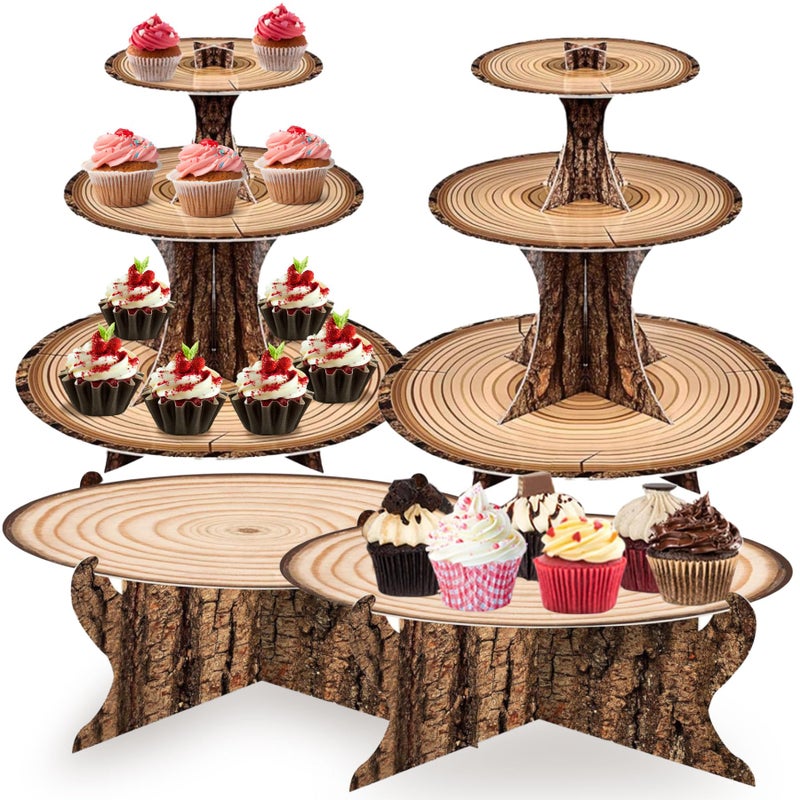 MTRSOCHO 4-Pack Woodland Cupcake Stand Woodland Baby Shower Decorations 3 Tier Wood Cupcake Stand for Camping, Birthday, Safari Party Supplies - Image 1