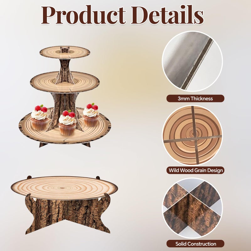 MTRSOCHO 4-Pack Woodland Cupcake Stand Woodland Baby Shower Decorations 3 Tier Wood Cupcake Stand for Camping, Birthday, Safari Party Supplies - Image 3
