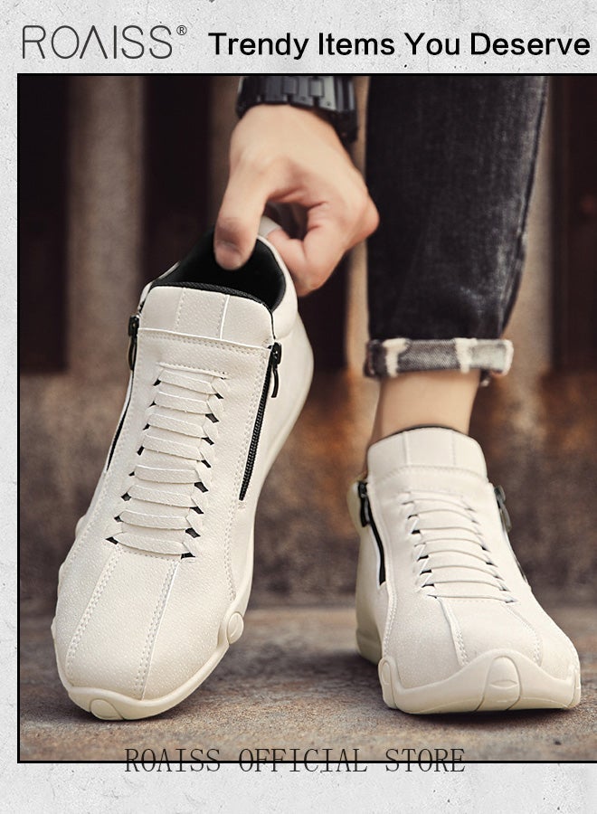 roaiss Men Casual Waterproof Anti Slip Leather Shoes, Wear Resistant Short Boots with Side Zipper Comfort Slip on Outdoors Sports Hiking Shoes High Cut Round Toe Sneakers with Soft Breathable Lining Beige - Image 3