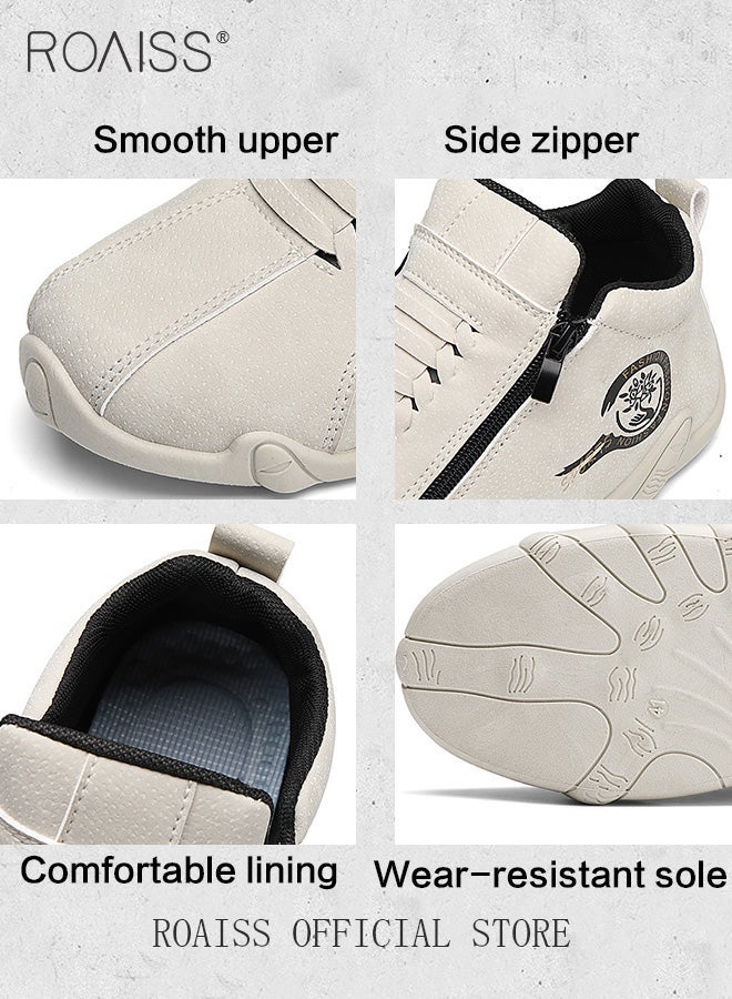 roaiss Men Casual Waterproof Anti Slip Leather Shoes, Wear Resistant Short Boots with Side Zipper Comfort Slip on Outdoors Sports Hiking Shoes High Cut Round Toe Sneakers with Soft Breathable Lining Beige - Image 5