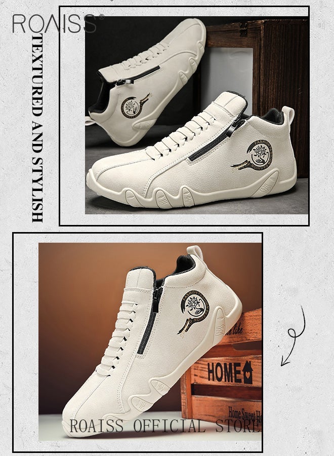 roaiss Men Casual Waterproof Anti Slip Leather Shoes, Wear Resistant Short Boots with Side Zipper Comfort Slip on Outdoors Sports Hiking Shoes High Cut Round Toe Sneakers with Soft Breathable Lining Beige - Image 2