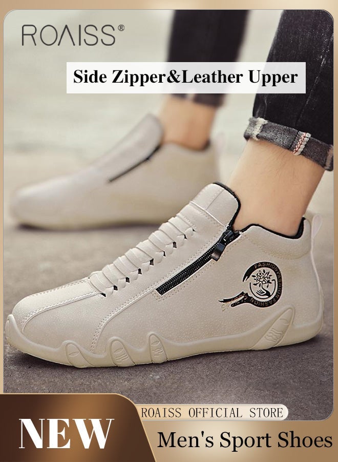 roaiss Men Casual Waterproof Anti Slip Leather Shoes, Wear Resistant Short Boots with Side Zipper Comfort Slip on Outdoors Sports Hiking Shoes High Cut Round Toe Sneakers with Soft Breathable Lining Beige - Image 1
