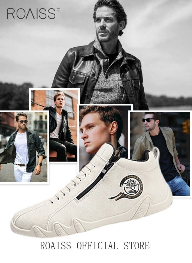roaiss Men Casual Waterproof Anti Slip Leather Shoes, Wear Resistant Short Boots with Side Zipper Comfort Slip on Outdoors Sports Hiking Shoes High Cut Round Toe Sneakers with Soft Breathable Lining Beige - Image 4