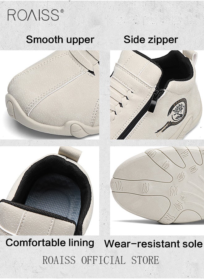 roaiss Casual Waterproof Anti Slip Leather Shoes, Wear Resistant Short Boots with Side Zipper Comfort Slip on Outdoors Sports Hiking Shoes High Cut Round Toe Sneakers with Soft Breathable Lining  - Image 4