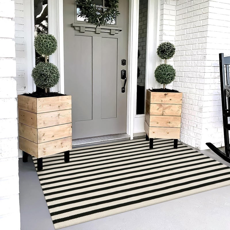 OJIA Outdoor Rug 3'x5', Front Door Mat Outdoor Entrance Machine Washable Rugs Cotton Hand Woven Striped Entryway Rugs Indoor Door Mat Black and Cream White Area Rug for Porch/Backyard/Outside Decor - Image 1