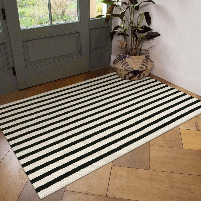 OJIA Outdoor Rug 3'x5', Front Door Mat Outdoor Entrance Machine Washable Rugs Cotton Hand Woven Striped Entryway Rugs Indoor Door Mat Black and Cream White Area Rug for Porch/Backyard/Outside Decor - Image 5