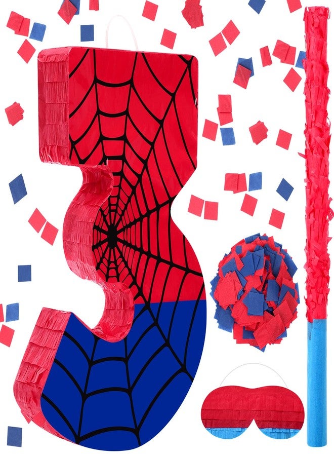 Simgoing Number 3 Spider Piñata Bundle with Blindfold and Bat Hero Small Piñata Birthday Party Decoration for Mexican Fiesta Cinco De Mayo Anniversary Celebration Gift, 15.75 x 11 x 2.8 in(Red Blue) - Image 1
