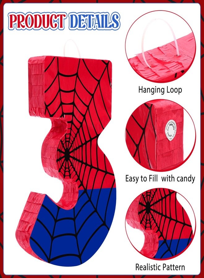 Simgoing Number 3 Spider Piñata Bundle with Blindfold and Bat Hero Small Piñata Birthday Party Decoration for Mexican Fiesta Cinco De Mayo Anniversary Celebration Gift, 15.75 x 11 x 2.8 in(Red Blue) - Image 3