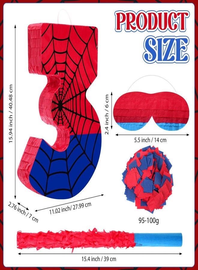 Simgoing Number 3 Spider Piñata Bundle with Blindfold and Bat Hero Small Piñata Birthday Party Decoration for Mexican Fiesta Cinco De Mayo Anniversary Celebration Gift, 15.75 x 11 x 2.8 in(Red Blue) - Image 2