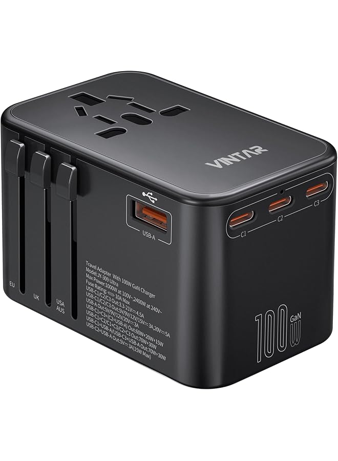 VINTAR محول سفر عالمي VINTAR، محول طاقة دولي 100 واط GaN مع 3 USB C PD و 1 USB A QC، محول شامل، محول سفر عالمي للاتحاد الأوروبي/المملكة المتحدة/الولايات المتحدة/أستراليا (نوع C/G/A/I) - Image 1
