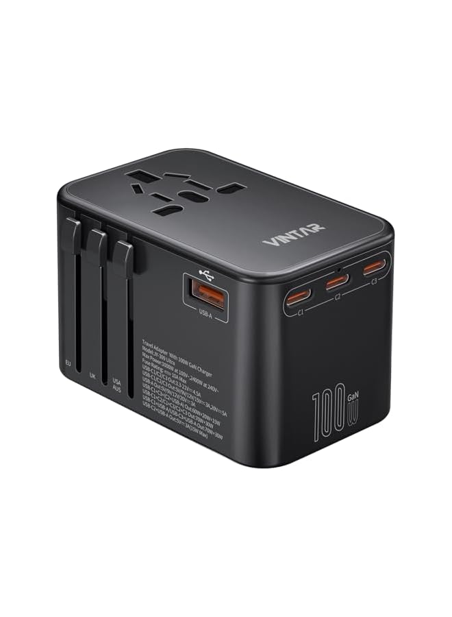 VINTAR محول سفر عالمي VINTAR، محول طاقة دولي 100 واط GaN مع 3 USB C PD و 1 USB A QC، محول شامل، محول سفر عالمي للاتحاد الأوروبي/المملكة المتحدة/الولايات المتحدة/أستراليا (نوع C/G/A/I) - Image 2