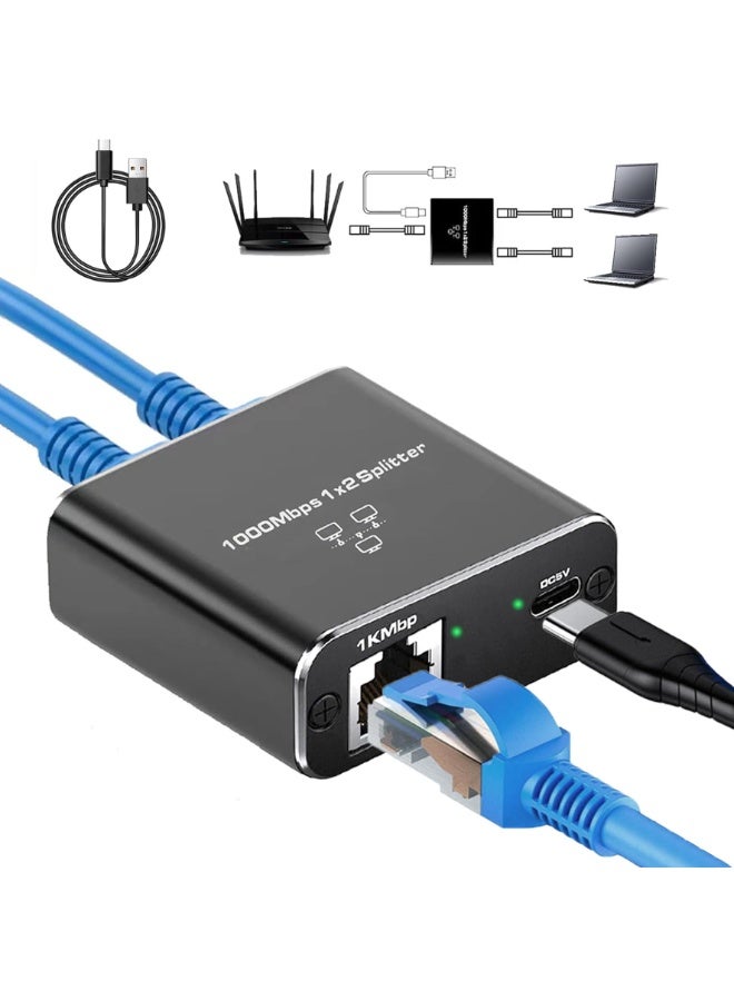 Gigabit Ethernet Splitter 1 to 2 Way, RJ45 Network Splitter Adapter 1000Mbps High Speed with USB Power Cable for Cat 5/5e/6/7/8 - Image 1