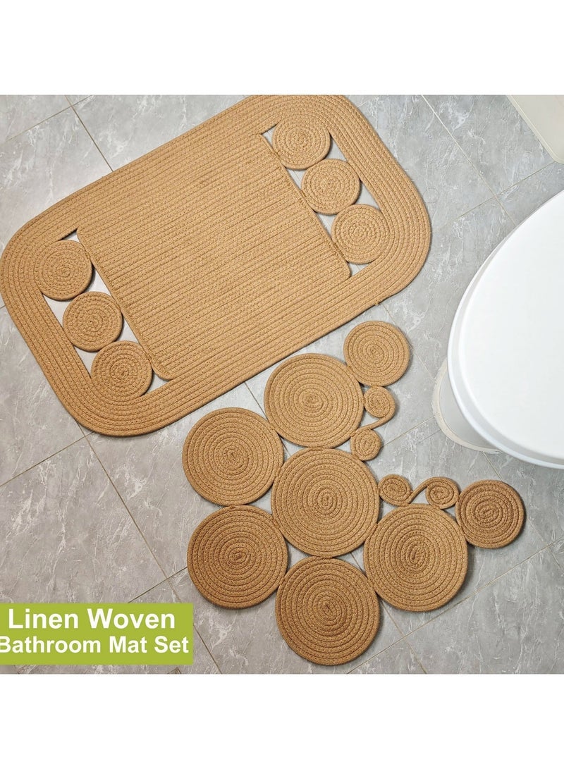 LAZY H CORNER Boho Non-Slip Washable Bathroom Mat Set 2-Piece – Toilet Mat & Square Mat, Handwoven Linen-Cotton Blend, Soft & Absorbent - Image 2