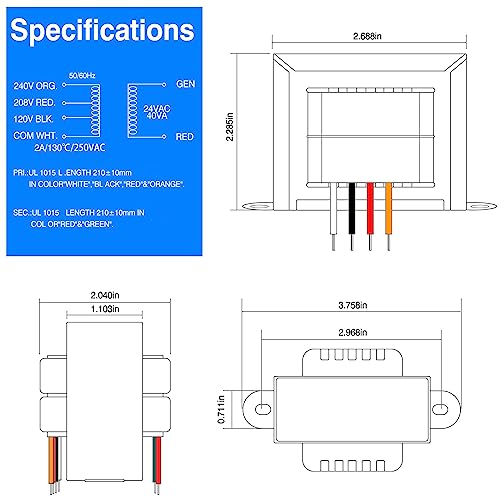 WUYELIN 24V 40VA Control Transformer, Primary 120/208/240V, Secondary 24V Isolation Transformer with Foot Mount for HVAC Furnace Multi Tap - Image 3