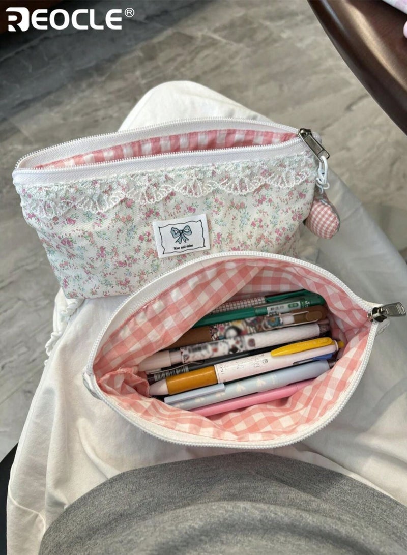 REOCLE Women's Decorative Patterned Pencil Case with Lace Trim & Charm Accent Stylish Compact Organizer for Stationery & Desk Essentials - Image 1