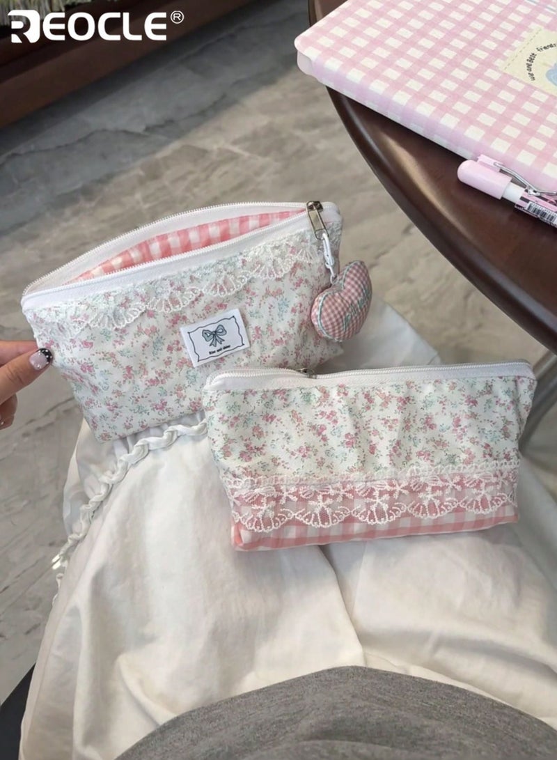 REOCLE Women's Decorative Patterned Pencil Case with Lace Trim & Charm Accent Stylish Compact Organizer for Stationery & Desk Essentials - Image 2