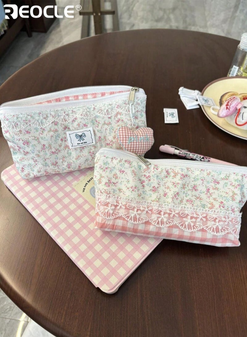 REOCLE Women's Decorative Patterned Pencil Case with Lace Trim & Charm Accent Stylish Compact Organizer for Stationery & Desk Essentials - Image 3