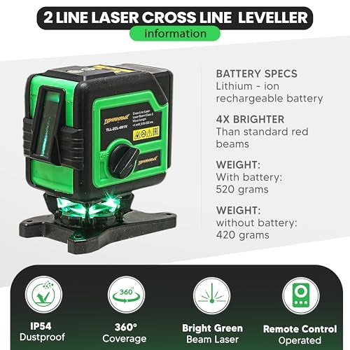 TOMAHAWK® TLL-2CL-4H1V 2 Line Green, Self-Leveling Laser Level - 25 meter (82 Feet) Cross Line Leveller with Horizontal and Vertical, Magnetic Bracket - Image 4