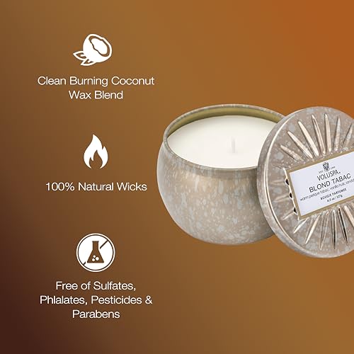 Voluspa Blond Tabac, Mini Tin Candle, 4 oz, 25 Hour Burn Time, Coconut Wax for Clean Burning, Handcrafted in the USA - Image 4