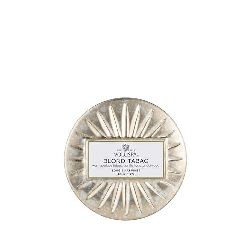 Voluspa Blond Tabac, Mini Tin Candle, 4 oz, 25 Hour Burn Time, Coconut Wax for Clean Burning, Handcrafted in the USA - Image 1
