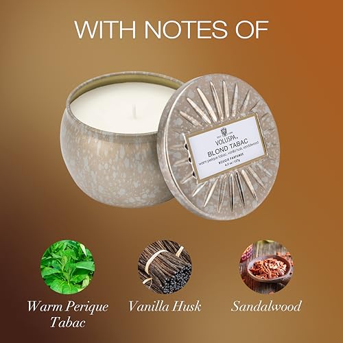 Voluspa Blond Tabac, Mini Tin Candle, 4 oz, 25 Hour Burn Time, Coconut Wax for Clean Burning, Handcrafted in the USA - Image 3