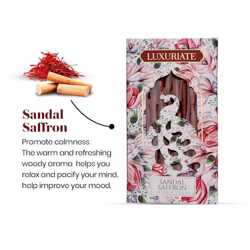LUXURIATE Sandal and Saffron Bambooless Incense | Chandan Agarbatti | Natural Herbal Organic Incense Sticks for Puja | Long-Lasting Premium Luxury Agarbatti - Pack of 5 - Image 3