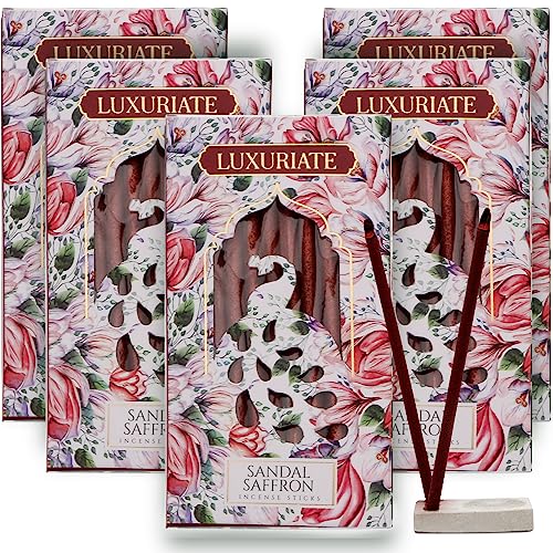 LUXURIATE Sandal and Saffron Bambooless Incense | Chandan Agarbatti | Natural Herbal Organic Incense Sticks for Puja | Long-Lasting Premium Luxury Agarbatti - Pack of 5 - Image 1
