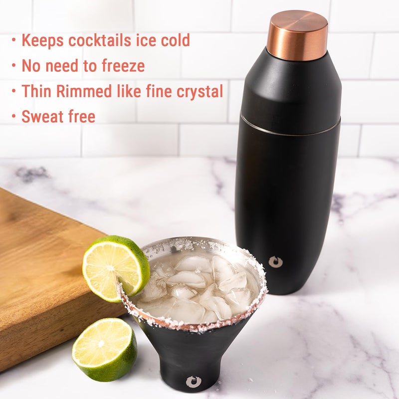 Snowfox Insulated Stemless Martini Glasses Set of 4 (8oz) & Cocktail Shaker (22oz), Vacuum Insulated Stainless Steel for Cold Drinks, Lid With Jigger & Built In Strainer, Bar Accessories, Black/Gold - Image 3