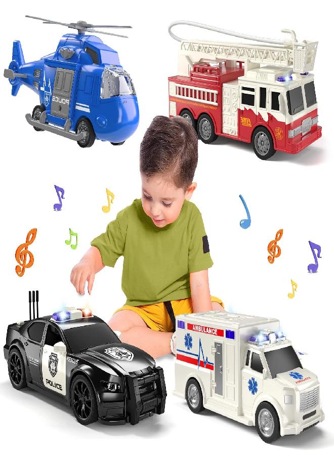 TEMI 4 Pack Emergency Vehicle Toys for Kids 3 4 5 6 7 8 Years Old, Helicopter, Police Car, Fire Truck, Ambulance Friction Powered Toys for Toddlers, Gifts for Age 3-12 Boys Girls - Image 1