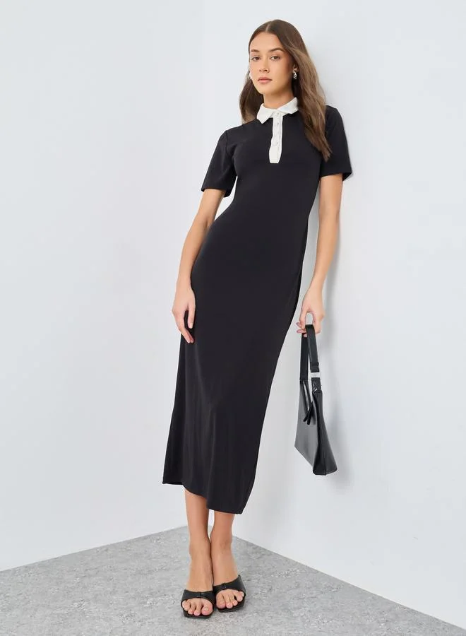 ستايلي Styli Contrast Collar Bodycon T-Shirt Midi Dress