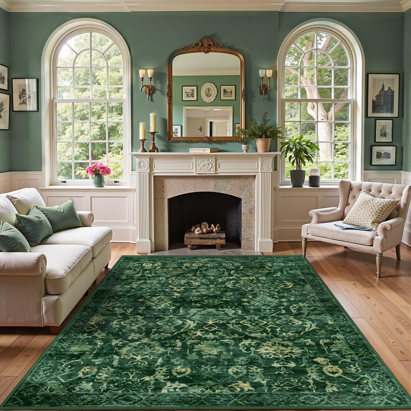 Deerly Dark Green Vintage Area Rug 5x7 for Living Room, Washable Distressed Farmhouse Soft Thin Non-Shedding Indoor Throw Rug, Traditional Accent Carpet for Bedroom Office - Image 4