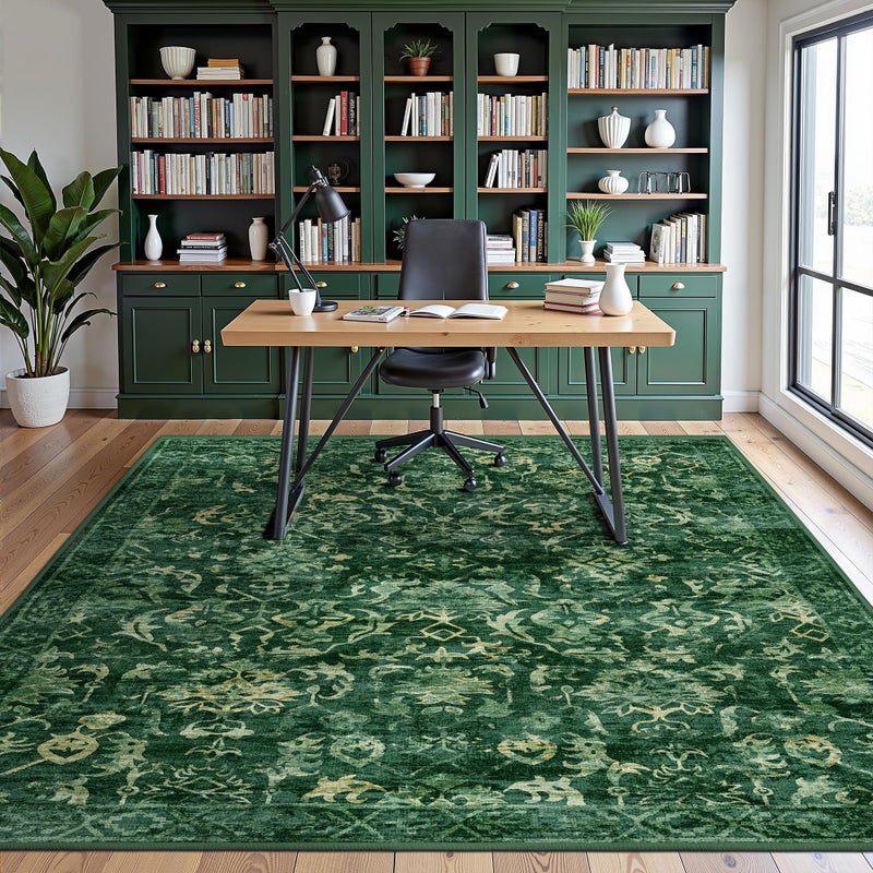 Deerly Dark Green Vintage Area Rug 5x7 for Living Room, Washable Distressed Farmhouse Soft Thin Non-Shedding Indoor Throw Rug, Traditional Accent Carpet for Bedroom Office - Image 5