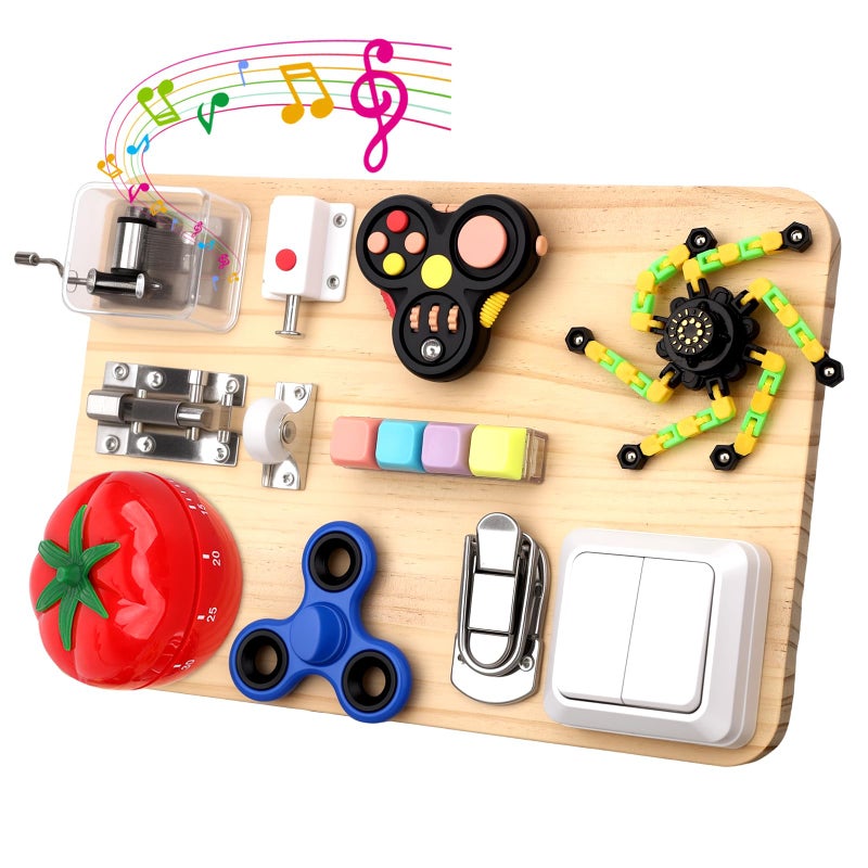 Dilabnba Fidget Spinner Pad Busy Board Toys Robot Fidget Spinner Music Box Switch Latches Keyboard Sensory 11 in 1 Wooden Montessori Travel Activity Board Focus Toy Motor Skills Gift for Girls Boys - Image 3