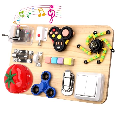 Dilabnba Fidget Spinner Pad Busy Board Toys Robot Fidget Spinner Music Box Switch Latches Keyboard Sensory 11 in 1 Wooden Montessori Travel Activity Board Focus Toy Motor Skills Gift for Girls Boys - Image 1
