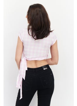 GLAMOROUS Women Surplice Neck Cap Sleeve Plaid Top, Pink  - Image 1