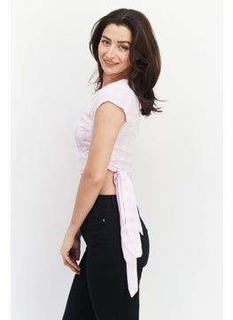 GLAMOROUS Women Surplice Neck Cap Sleeve Plaid Top, Pink  - Image 2