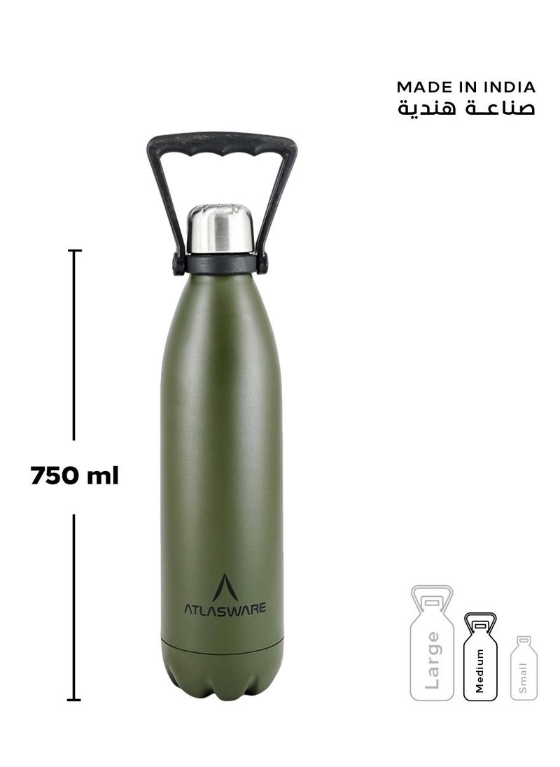 Atlasware - Water Bottle with a Capacity of 750 ml, Stainless Steel Water Bottle that keeps Cold for 52 Hours and Keeps Heat for 24 Hours, Army - Image 1