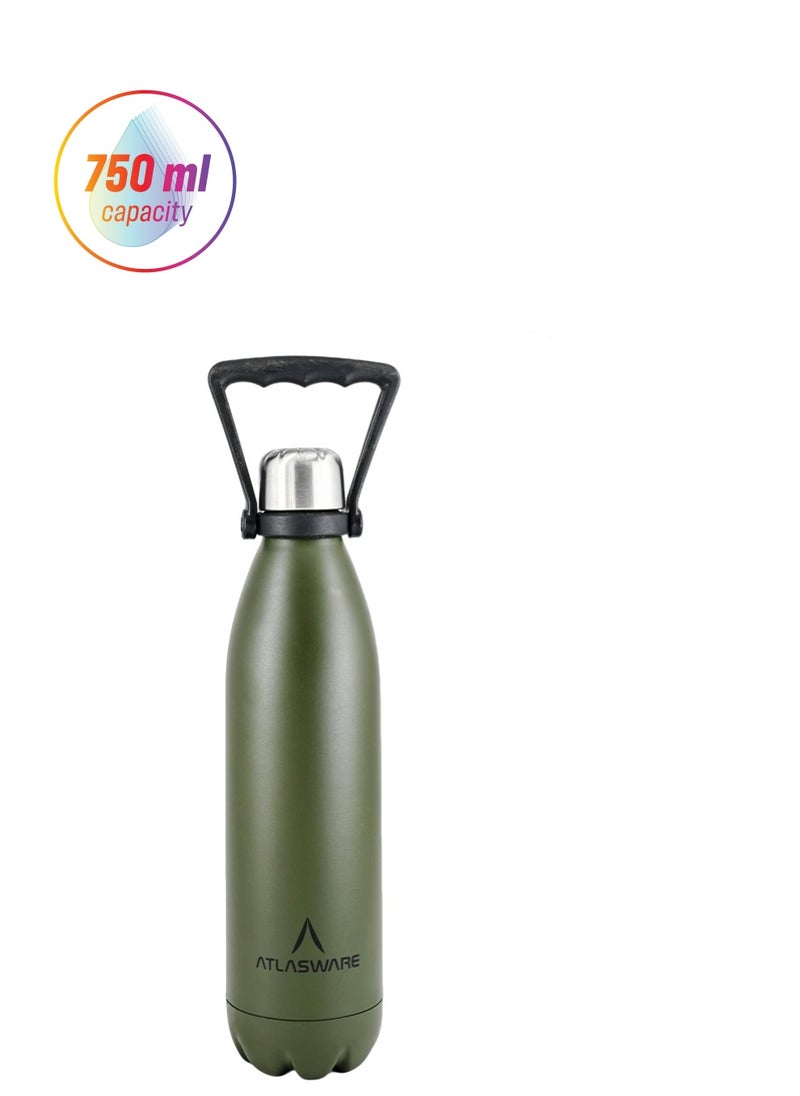 Atlasware - Water Bottle with a Capacity of 750 ml, Stainless Steel Water Bottle that keeps Cold for 52 Hours and Keeps Heat for 24 Hours, Army - Image 1
