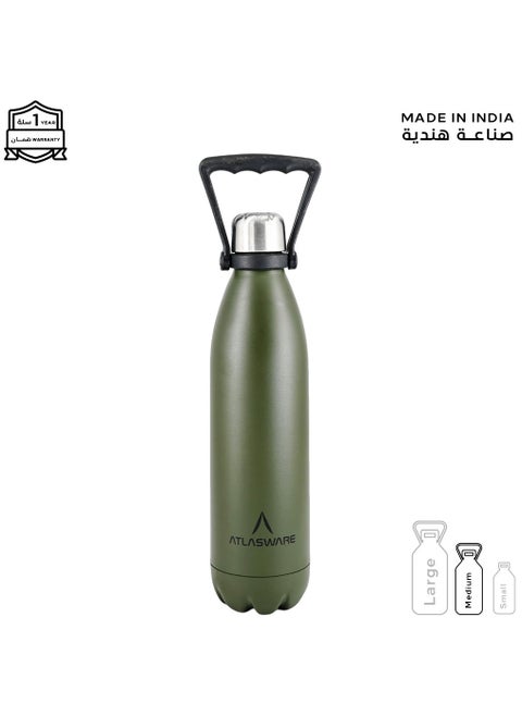 Water Bottle with a Capacity of 750 ml, Stainless Steel Water Bottle that keeps Cold for 52 Hours and Keeps Heat for 24 Hours, Army