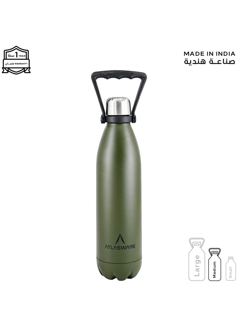 Atlasware - Water Bottle with a Capacity of 750 ml, Stainless Steel Water Bottle that keeps Cold for 52 Hours and Keeps Heat for 24 Hours, Army - Image 1