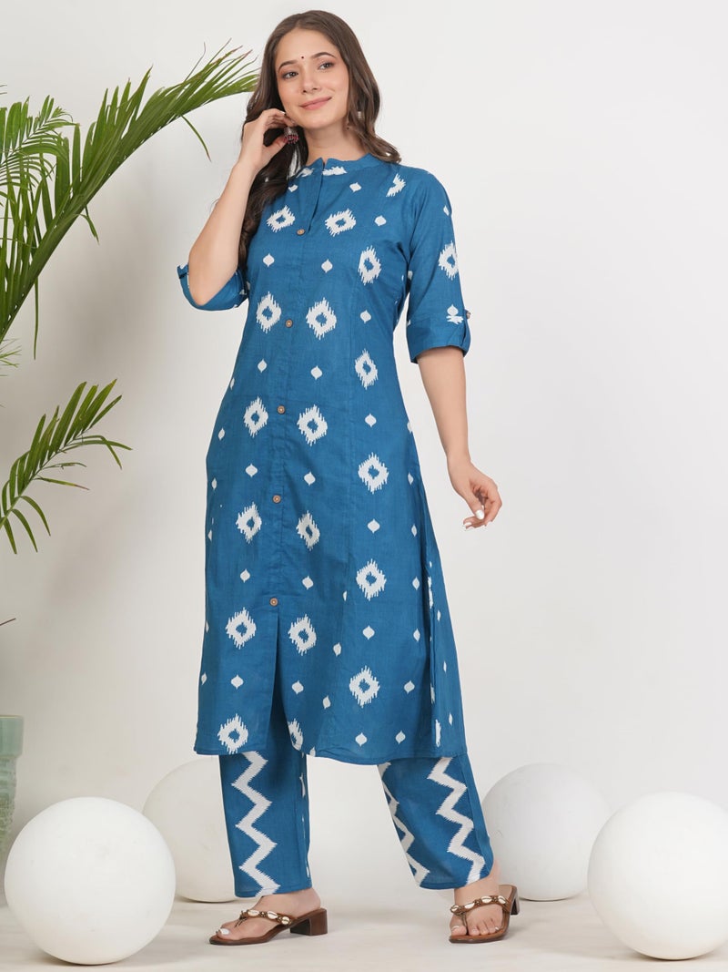 rytras Women's Pure Cotton Printed Ethnic Wear A-Line Kurta Set with Palazzo Pants(RYT664,Blue,S) - Image 3
