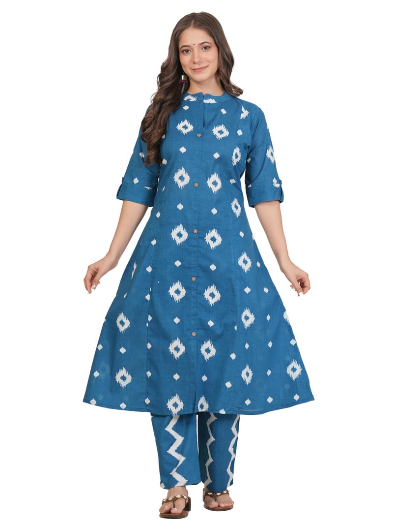 rytras Women's Pure Cotton Printed Ethnic Wear A-Line Kurta Set with Palazzo Pants(RYT664,Blue,S) - Image 1