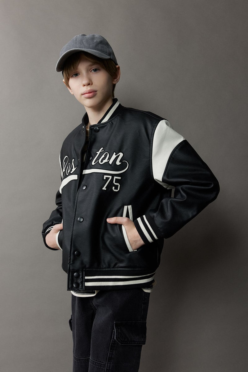 DeFacto Black Boy College Collar Waterproof Bomber Jacket Casual - Image 1