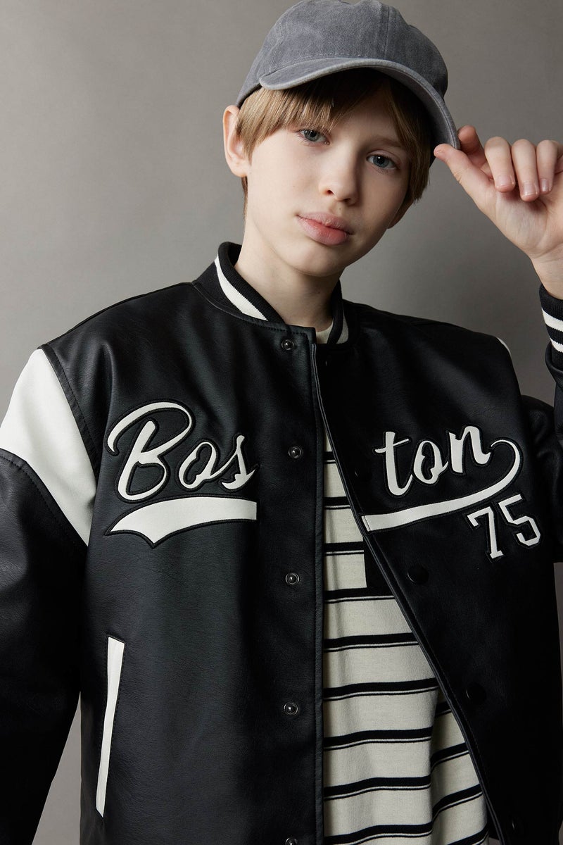 DeFacto Black Boy College Collar Waterproof Bomber Jacket Casual - Image 4