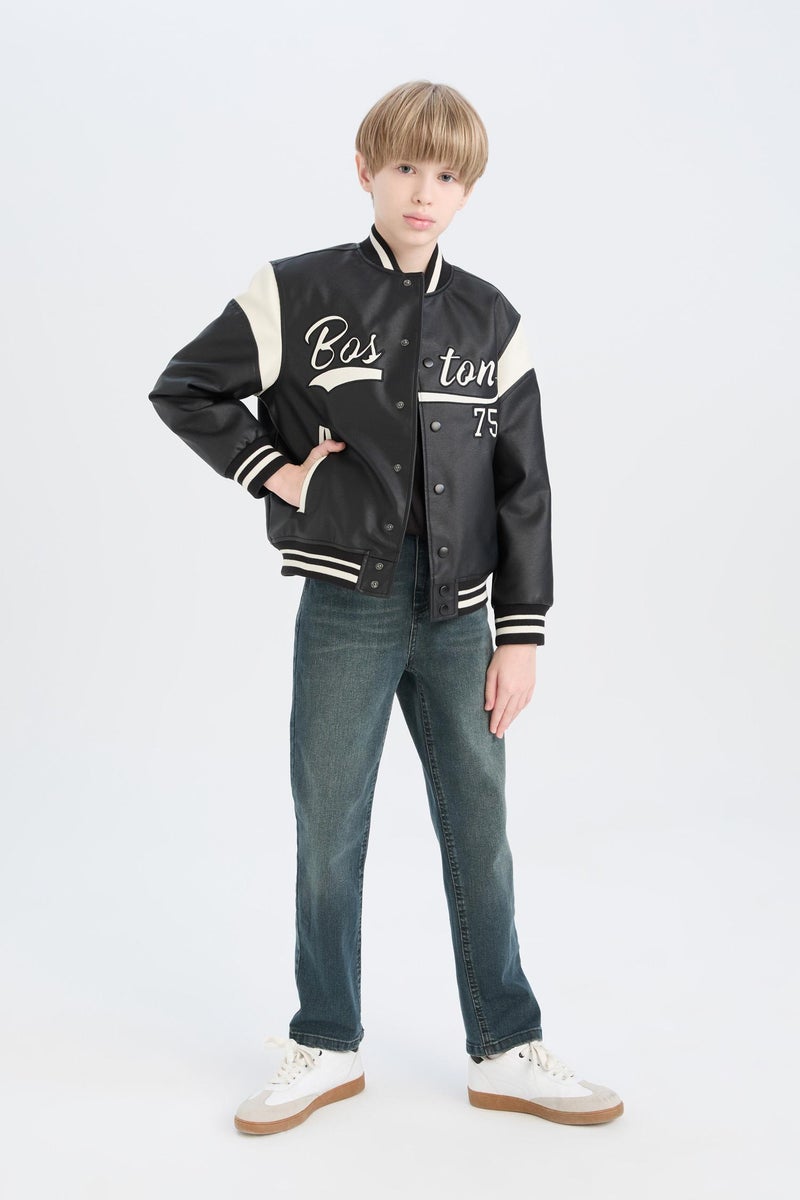 ديفاكتو جاكيت بومبر اولادي جلد صناعي وتر بروف بياقة كوليج - Image 5